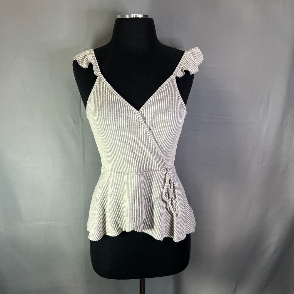 Caution To The Wind Crossover Top Womens M Gray White Striped Stretch Peplum Hem